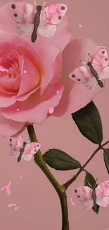 Pink rose with butterflies mobile wallpaper design.