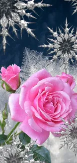 Pink rose with silver snowflakes wallpaper.