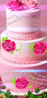 Three-tier pink cake adorned with roses and silver star decorations.