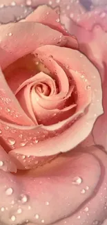 Close-up of a pink rose with dew droplets on petals.