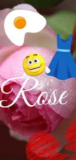 A pink rose with emojis and text on a mobile wallpaper.