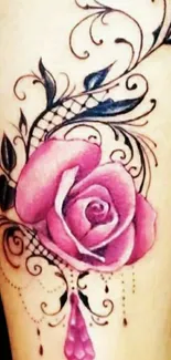 Detailed pink rose with black floral art on skin.