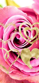 Pink rose with gold heart accents mobile wallpaper.