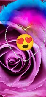 Pink rose with heart emoji and diamond heart overlay.