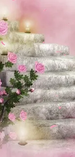 Pink rose stone steps with soft lighting and candles on a calming wallpaper.