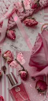 Pink-themed wallpaper with roses, butterflies, and perfume for mobile devices.