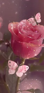 A pink rose with butterflies on a purple background.