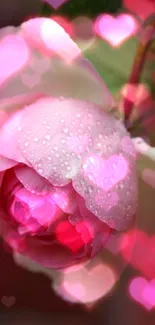 Close-up of pink rose with dewdrops on petals.