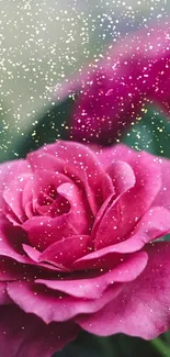 Elegant pink rose with glitter effects on a mobile wallpaper backdrop.