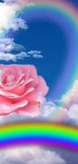 Pink rose and rainbow in cloudy sky wallpaper.