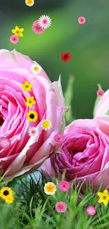 Vibrant pink roses among lush green shrubs on a sunny day.