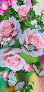 Vibrant artwork of pink roses and blue butterflies.