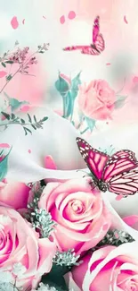 Pink roses with butterflies and pastel hues.