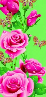 Pink roses and butterflies on lime green.