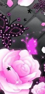 Pink roses and sparkly butterflies design wallpaper.