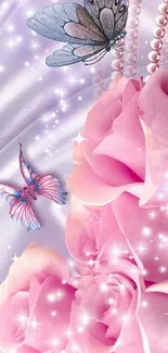 Pink roses and butterflies with pearls on silk background.