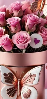 Pink roses and butterflies in an elegant design pot.