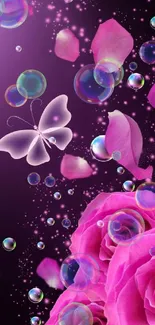 Mobile wallpaper with pink roses and a butterfly on a purple background.