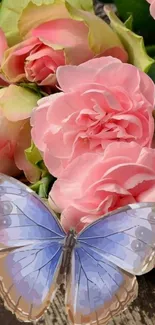 Pink roses with a blue butterfly overlay on a rustic background.