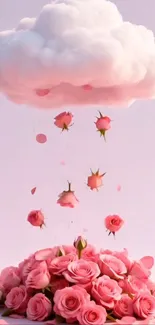 Cloud dripping pink roses on a serene background.