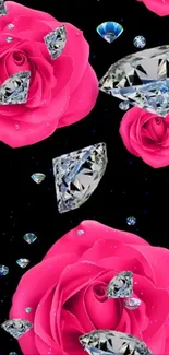 Vibrant pink roses and diamonds on black background wallpaper.