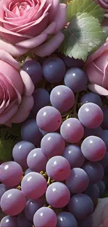 Pink roses and purple grapes mobile wallpaper with a nature theme.
