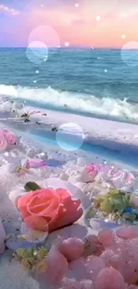 Scenic beach with pink roses and turquoise sea under pastel sky.