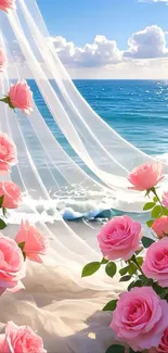 Pink roses and ocean waves with sheer curtains by the sea.