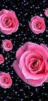 Pink roses against a galaxy background wallpaper.