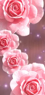 Pink roses with glitter on a soft floral wallpaper background.