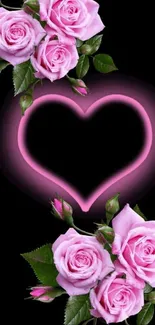 Pink roses surround a glowing heart on a black background.