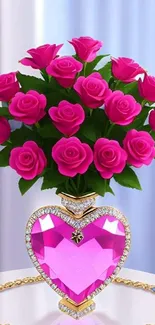 Vibrant pink roses in a heart-shaped vase wallpaper.