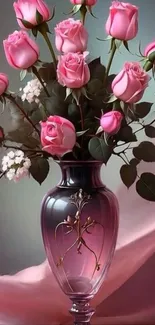 Arrangement of pink roses in an elegant vase with soft, flowing background.