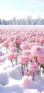 A serene field of pink roses in a snowy landscape, perfect for mobile wallpapers.