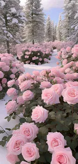 Wallpaper showcasing pink roses in a snowy forest setting.