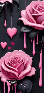 Pink roses and hearts dripping against black background.