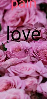 Mobile wallpaper of pink roses with words 'pain' and 'love' depicted.