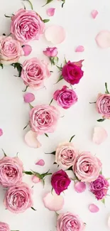 Mobile wallpaper featuring pink roses and petals on a light background.