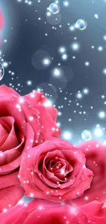 Dreamy mobile wallpaper with pink roses and bubbles.