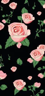 Beautiful pink roses on a black background wallpaper.