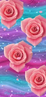 Pink roses on blue-purple swirled background wallpaper.