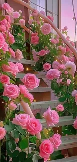 Pink roses adorn a staircase with cozy lights in a serene setting.