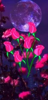 Pink roses blooming under a bright purple moonlit sky with a mystical vibe.