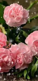 Pink roses with a butterfly and sparkles.