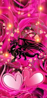 Mobile wallpaper with dragon, pink roses, and glowing hearts.