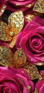Pink roses with glittering golden leaves.