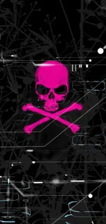 Pink skull and crossbones on digital black background.