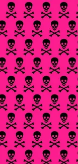 Vibrant pink wallpaper with skull and crossbones pattern.