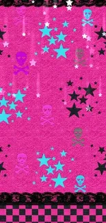 Pink wallpaper with skulls and stars design.