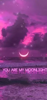 Vibrant pink sky over ocean with crescent moon and text 'You Are My Moonlight'